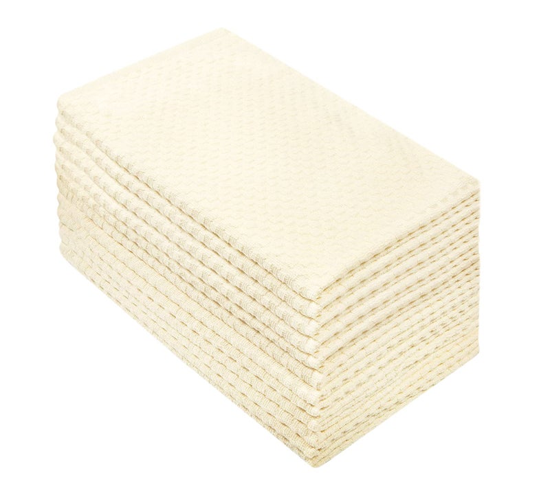 COTTON CRAFT Amazing Kitchen Towels - Set of 12 Terry Towels - 100% Cotton Euro CafÃ© Waffle Weave Dish Towel Set - Soft Absorbent Quick Dry Low Lint Reusable Pantry Bar Cleaning Cloth - 16x28 - Ivory - Image 1